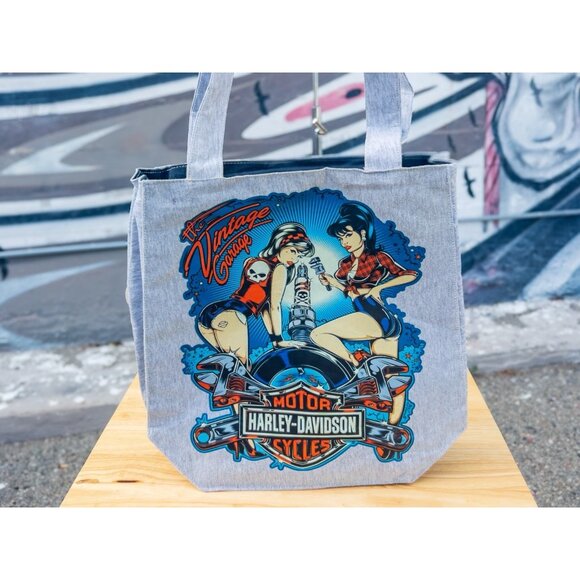 HARLEY DAVIDSON Vintage Tote Bag (Vintage Garage) - Retro Graphic Print - Picture 1 of 5